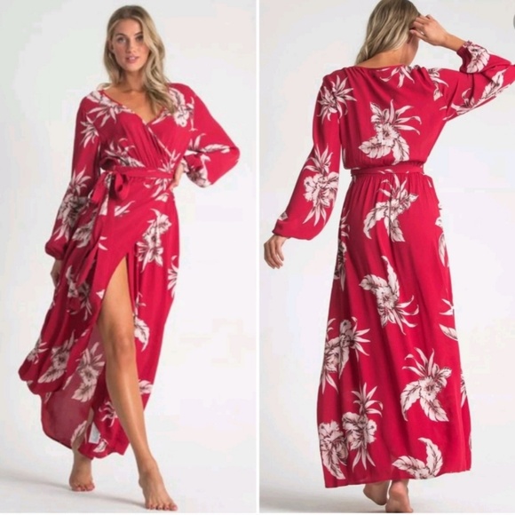 Billabong Dresses & Skirts - NWT Billabong Kauai Wrap Dress Long Sleeve Maxi Length Red Floral Size XL